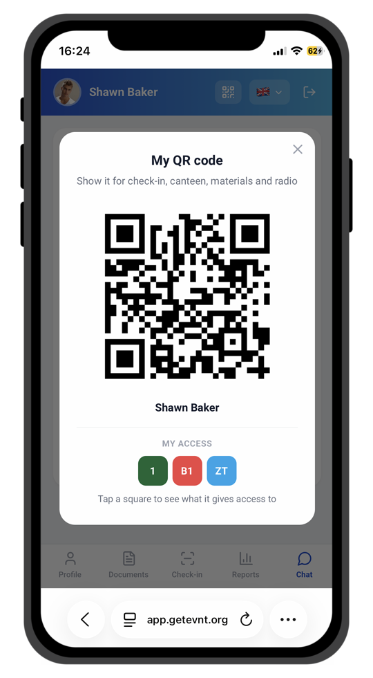 Worker portal: personal QR code and area access
