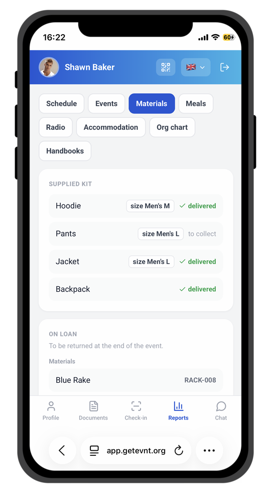 Worker portal: assigned materials